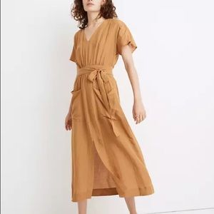 Linen-Blend Dolman-Sleeve Tie-Waist Midi Dress